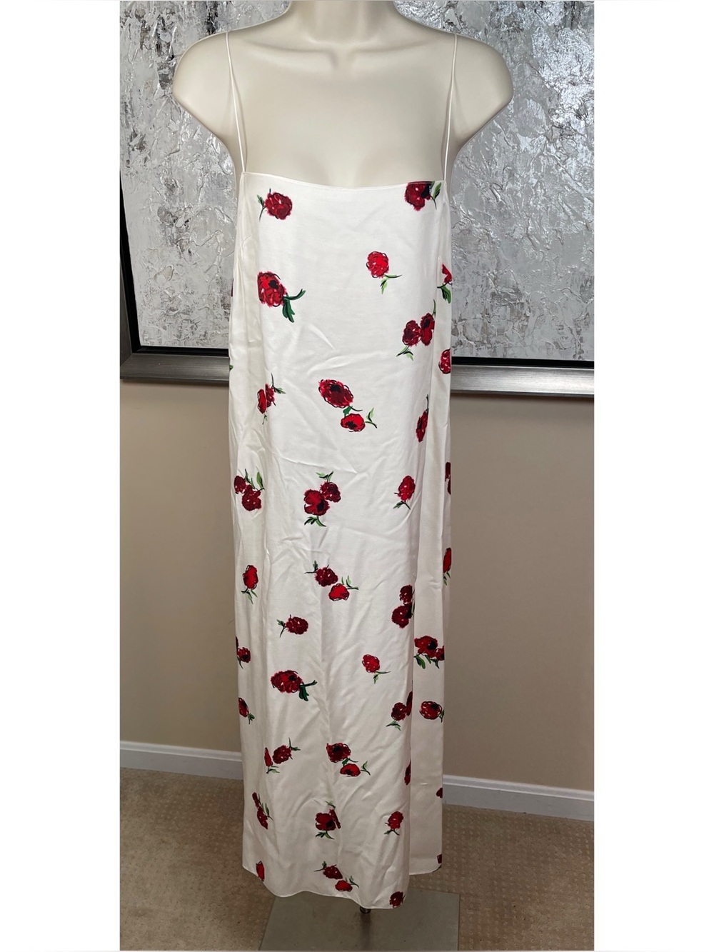 KHAITE Cream Midi Slip Dress with Red Rose Print - Picture 3 of 10